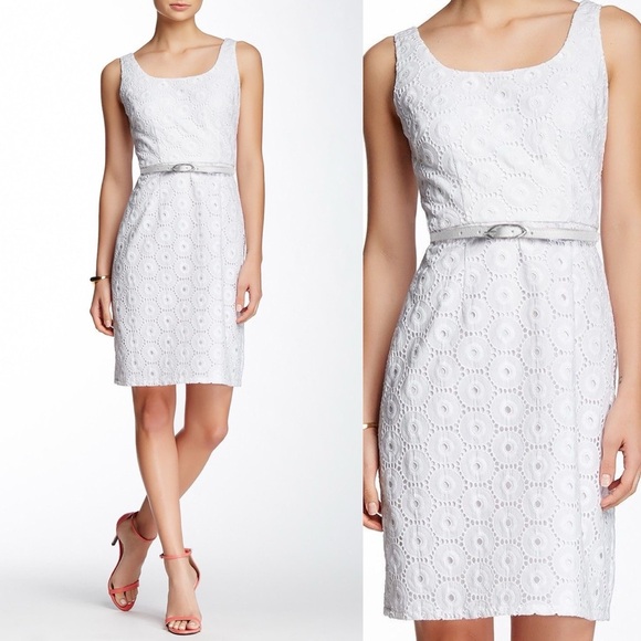 Adrianna Papell Dresses & Skirts - Adrianna Papell White Eyelet Sheathe Cotton Dress Career Work Summer Size 6